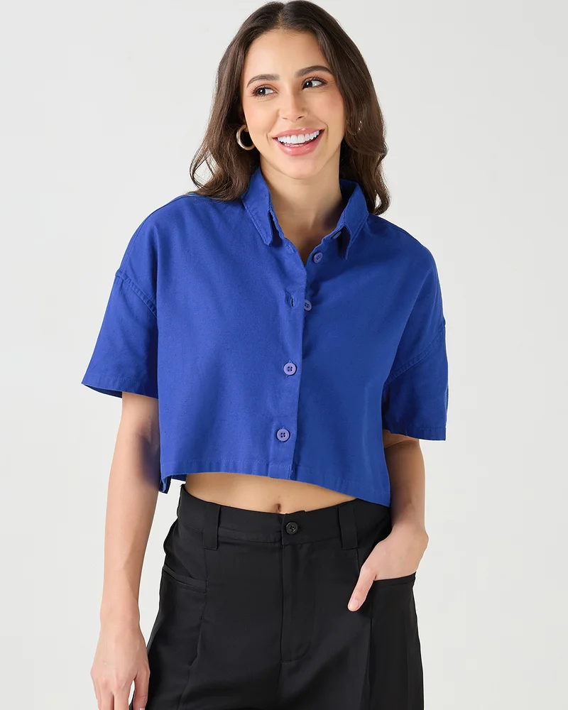 بيواكوف Women's Blue Oversized Crop Cotton Linen Shirt